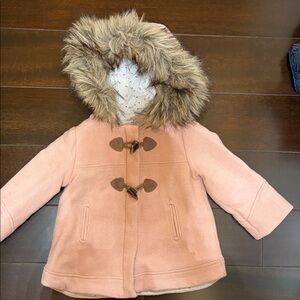 Zara girls Pink Toggle pea Coat with Faux Fur Hood